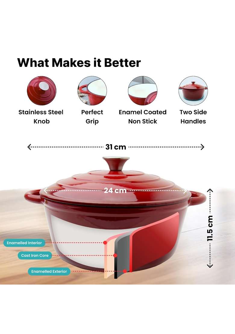 The Better Home Rustic Series Cast Iron Dutch Oven | 5 L | 5.3 Qt | Induction Compatible | Heavy Bottom | With Lid - Indya