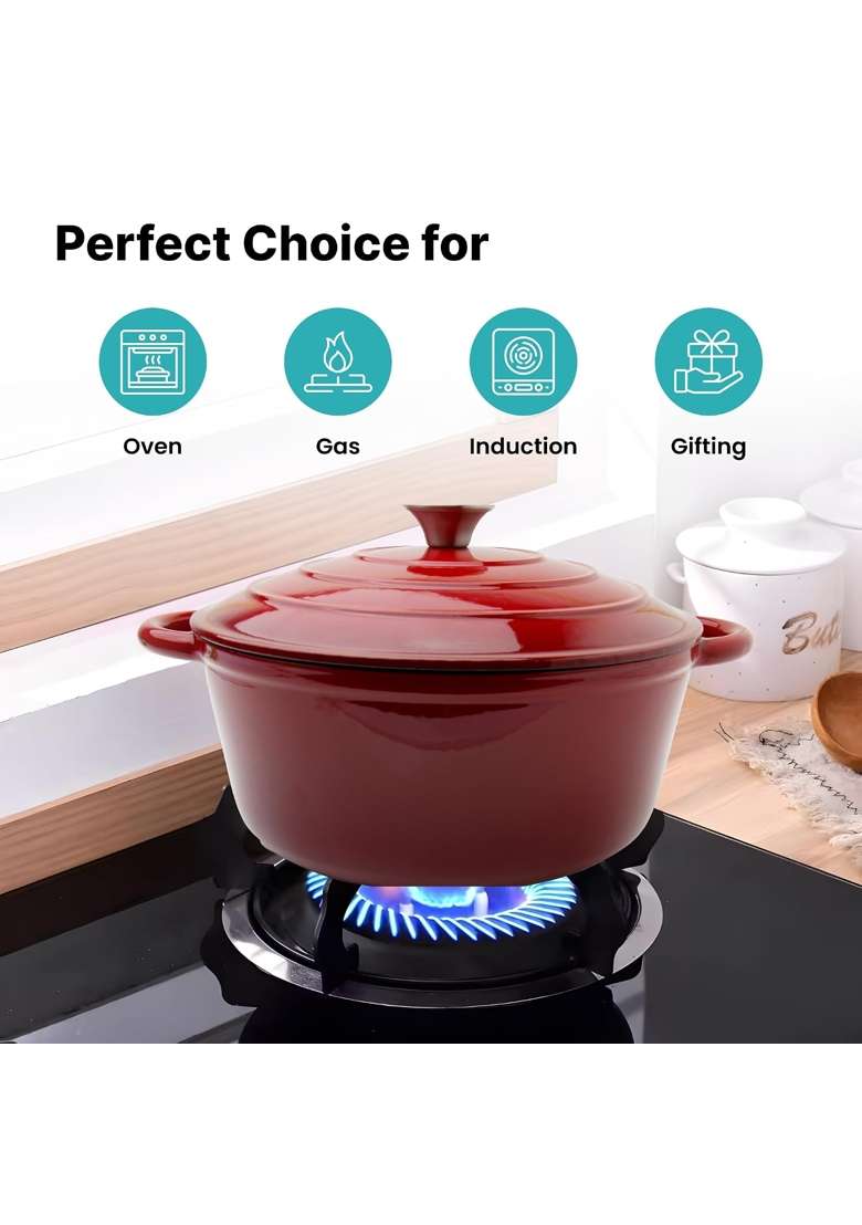 The Better Home Rustic Series Cast Iron Dutch Oven | 5 L | 5.3 Qt | Induction Compatible | Heavy Bottom | With Lid - Indya