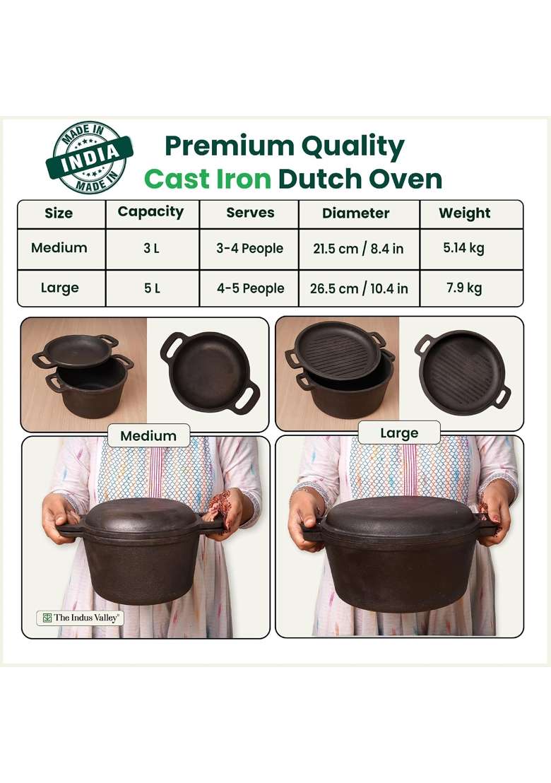 The Indus Valley Pre-Seasoned Cast Iron Dutch Oven with Lid | 5 L | 5.3 Qt | 27 cm | 10.6 Inch | Induction Compatible | Non-Toxic - Indya