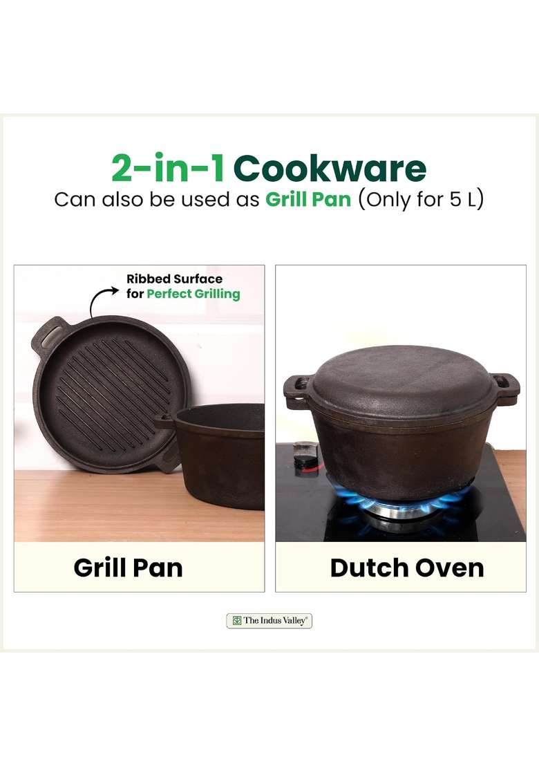 The Indus Valley Pre-Seasoned Cast Iron Dutch Oven with Lid | 5 L | 5.3 Qt | 27 cm | 10.6 Inch | Induction Compatible | Non-Toxic - Indya