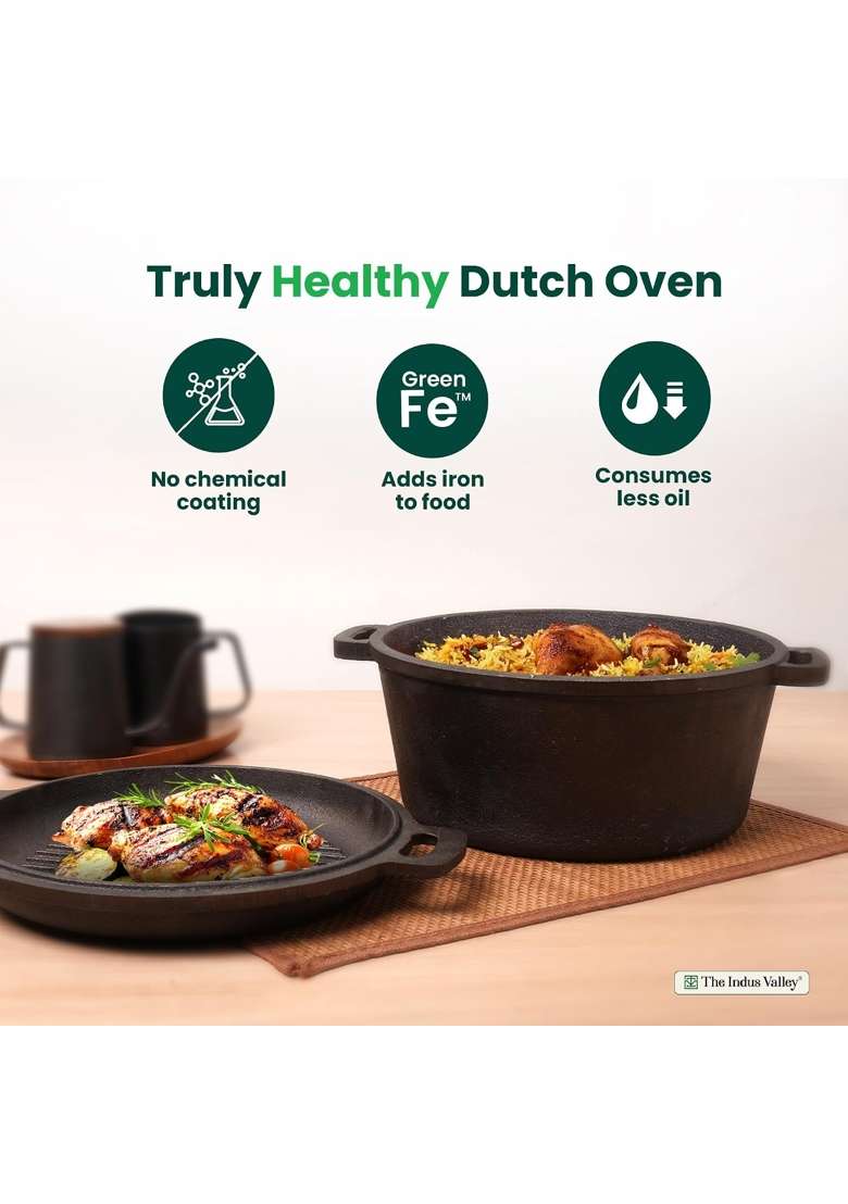 The Indus Valley Pre-Seasoned Cast Iron Dutch Oven with Lid | 5 L | 5.3 Qt | 27 cm | 10.6 Inch | Induction Compatible | Non-Toxic - Indya