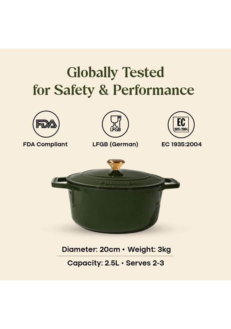 CUMIN CO. Enamel Cast Iron Dutch Oven | 2.5 L | 2.6 Qt | 20 cm | 7.9 Inch | Induction Compatible | Heavy Bottom | Non-Toxic | Non-Stick - Indya