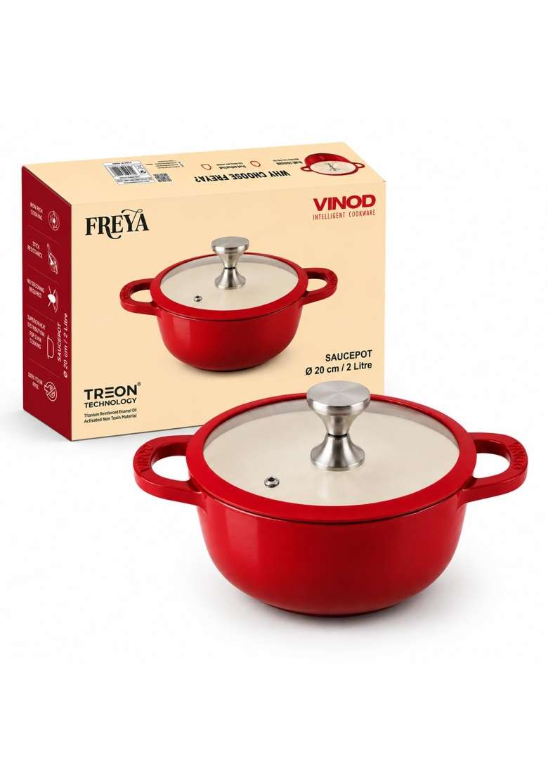 Vinod Freya Cast Iron Saucepot with Glass Lid | 2 L | 2.1 Qt | 20 cm | 7.9 Inch | Induction Compatible - Indya