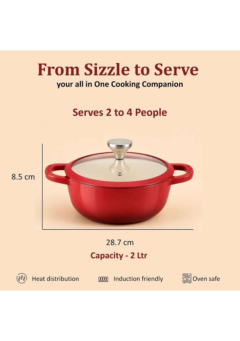 Vinod Freya Cast Iron Saucepot with Glass Lid | 2 L | 2.1 Qt | 20 cm | 7.9 Inch | Induction Compatible - Indya