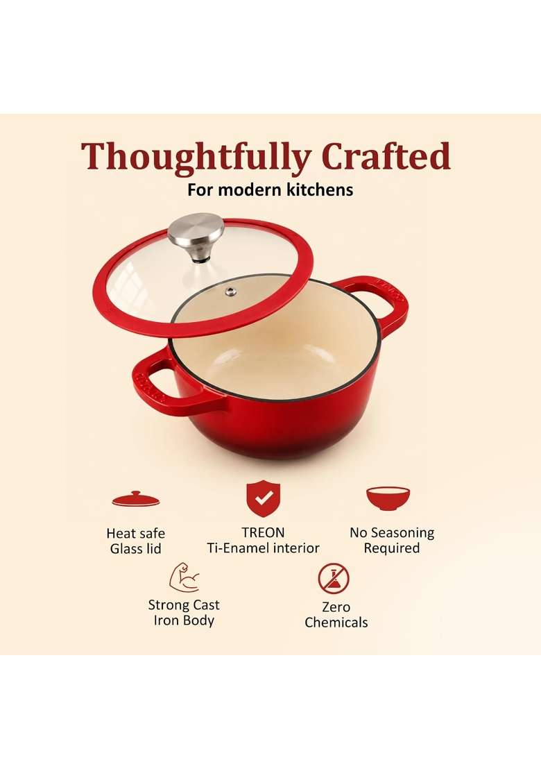 Vinod Freya Cast Iron Saucepot with Glass Lid | 2 L | 2.1 Qt | 20 cm | 7.9 Inch | Induction Compatible - Indya