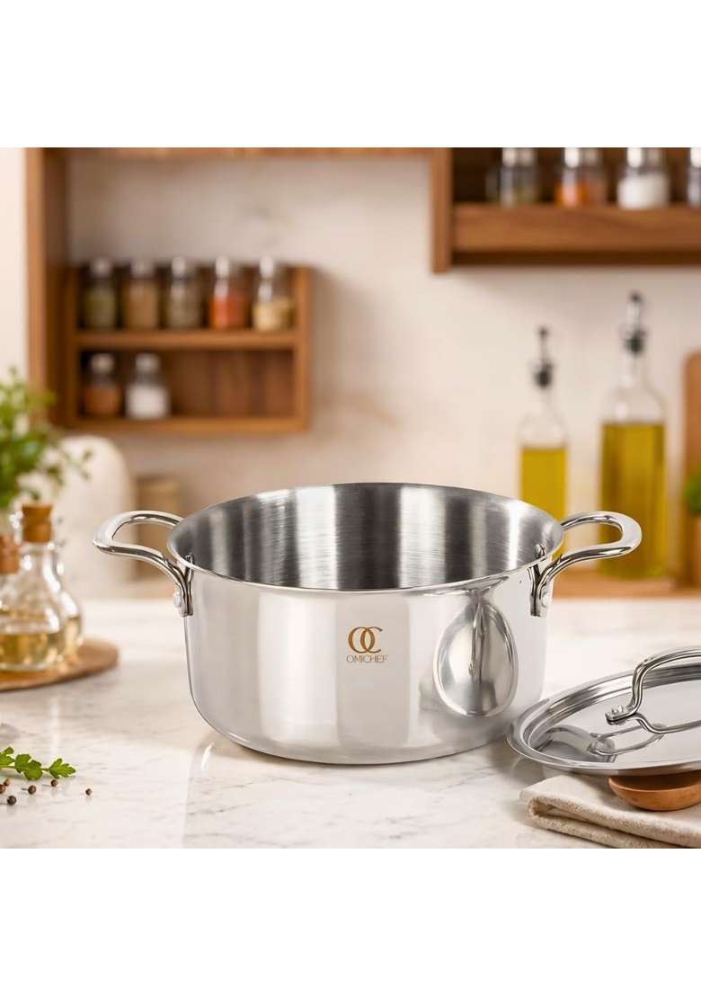 Omichef Triply Stainless Steel Casserole Dutch Oven Handi Biryani Pot with Lid | 3.5 L | 3.7 Qt | 20 cm | 7.9 Inch | Induction Compatible | Non-Toxic - Indya