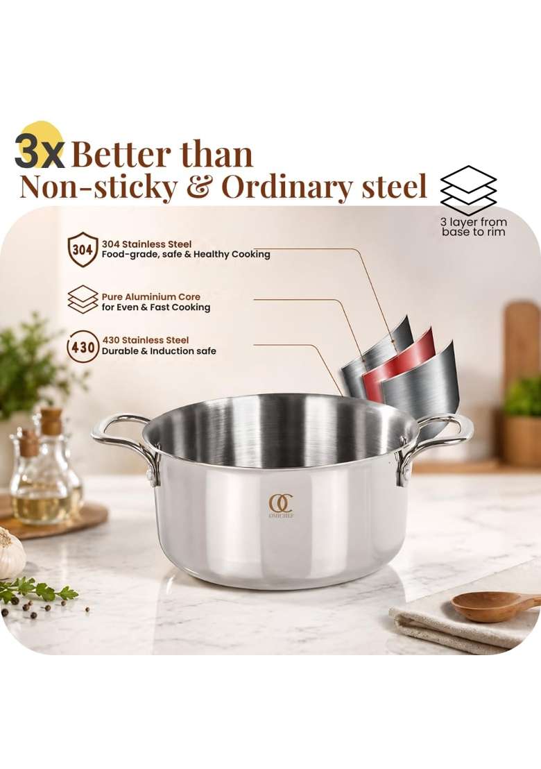 Omichef Triply Stainless Steel Casserole Dutch Oven Handi Biryani Pot with Lid | 3.5 L | 3.7 Qt | 20 cm | 7.9 Inch | Induction Compatible | Non-Toxic - Indya
