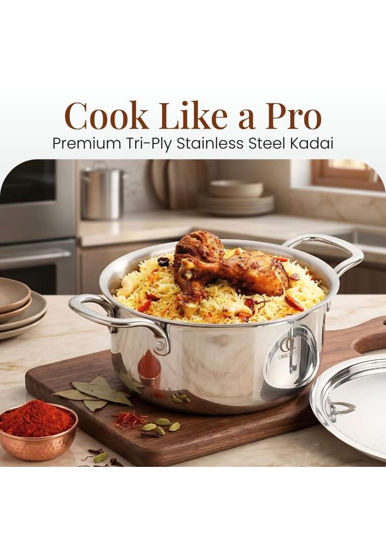 Omichef Triply Stainless Steel Casserole Dutch Oven Handi Biryani Pot with Lid | 3.5 L | 3.7 Qt | 20 cm | 7.9 Inch | Induction Compatible | Non-Toxic - Indya