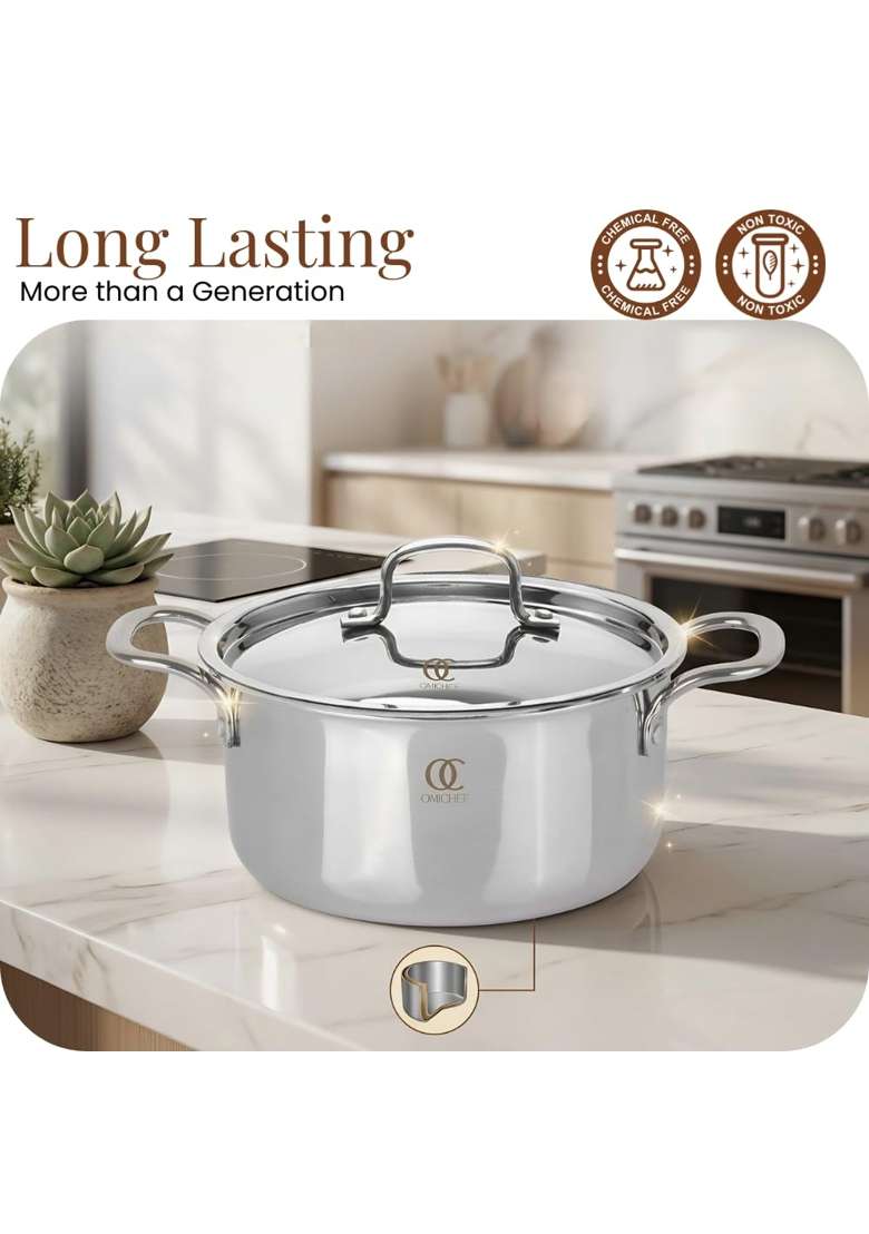 Omichef Triply Stainless Steel Casserole Dutch Oven Handi Biryani Pot with Lid | 3.5 L | 3.7 Qt | 20 cm | 7.9 Inch | Induction Compatible | Non-Toxic - Indya