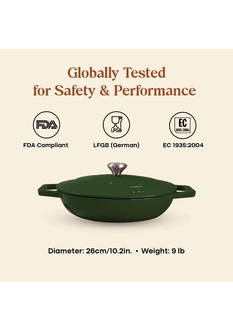 CUMIN CO. Enamel Cast Iron Braiser | 2.5 L | 2.6 Qt | 26 cm | 10.2 Inch | Induction Compatible | Non-Toxic | With Lid - Indya