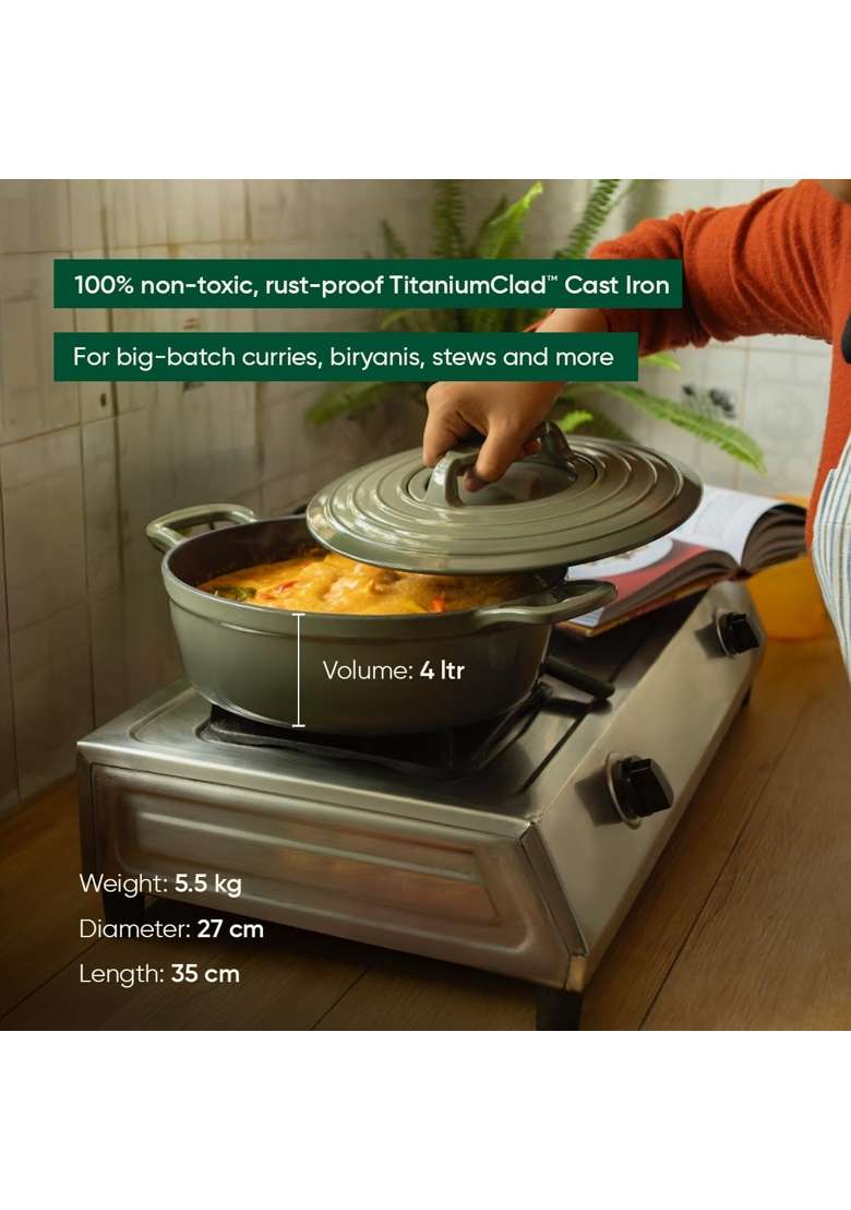 Ember Cookware TitaniumClad Enamel Cast Iron Casserole | 26 cm | 10.2 Inch | Induction Compatible | Non-Stick - Indya
