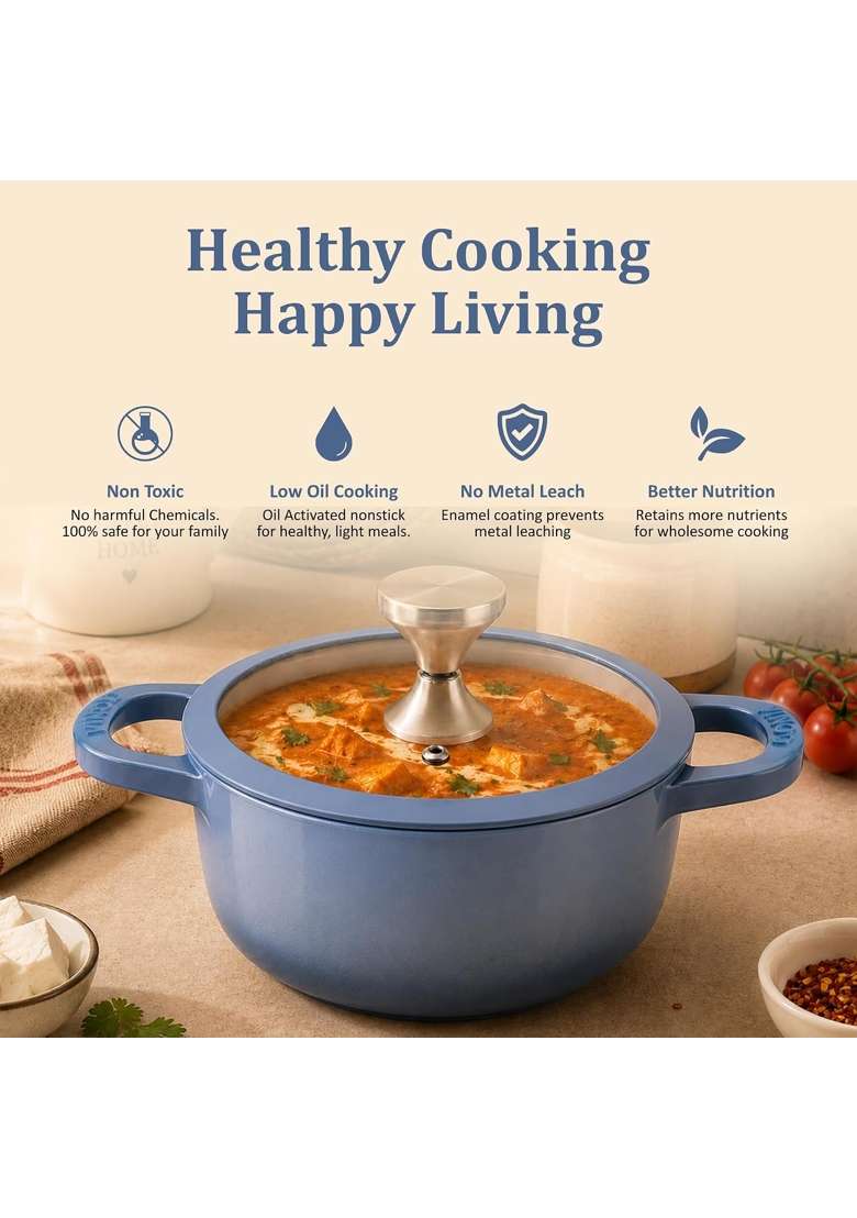 Vinod Freya Cast Iron Saucepot with Glass Lid | 2 L | 2.1 Qt | 20 cm | 7.9 Inch | Induction Compatible - Indya