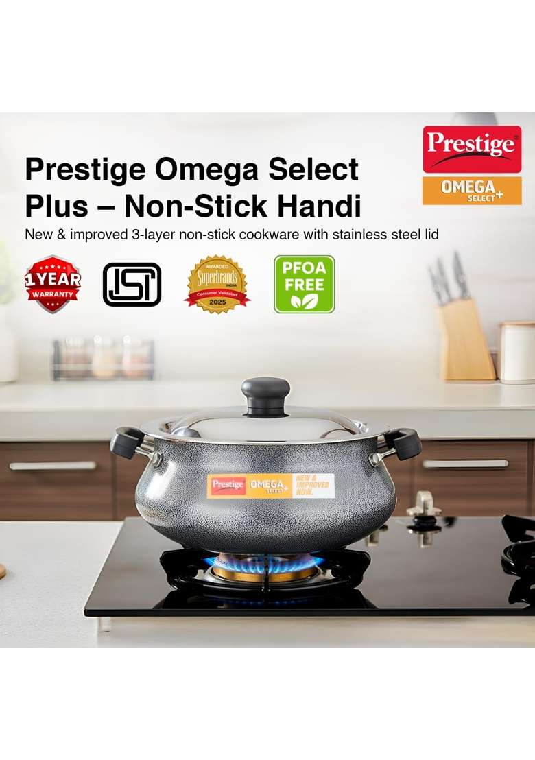 Prestige Omega Select Plus Non Stick Junior Handi Cooking Pot Dupont Teflon Non-Stick Coating | 4 L | 4.2 Qt | 20 cm | 7.9 Inch | PFOA Free - Indya