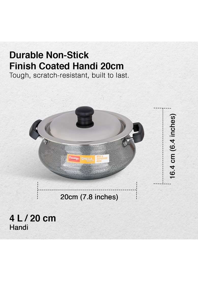 Prestige Omega Select Plus Non Stick Junior Handi Cooking Pot Dupont Teflon Non-Stick Coating | 4 L | 4.2 Qt | 20 cm | 7.9 Inch | PFOA Free - Indya