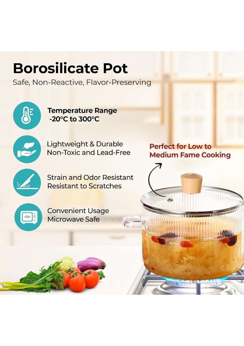 The Better Home Zeno Borosilicate Glass Cookware for Gas | 1.45 L | 1.5 Qt | Microwave Safe | With Lid - Indya
