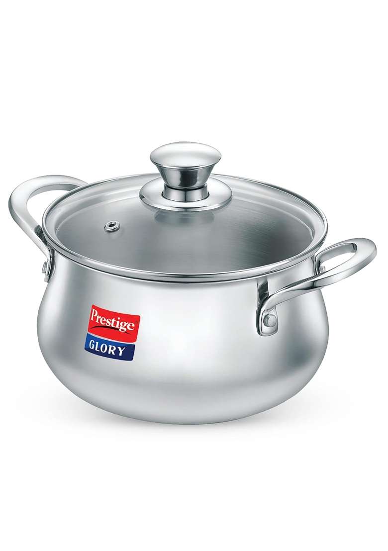 Prestige Glory Stainless Steel Cookware Handi Cooking Pot with Glass Lid | 5 L | 5.3 Qt | 22 cm | 8.7 Inch - Indya