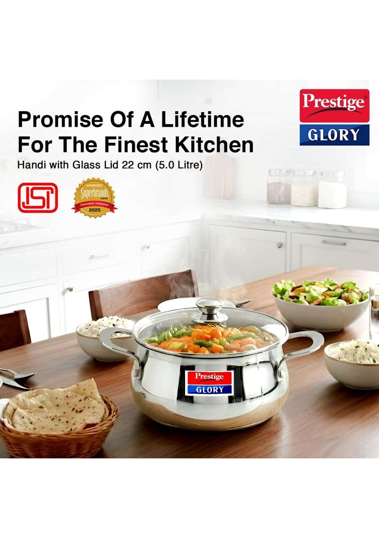 Prestige Glory Stainless Steel Cookware Handi Cooking Pot with Glass Lid | 5 L | 5.3 Qt | 22 cm | 8.7 Inch - Indya