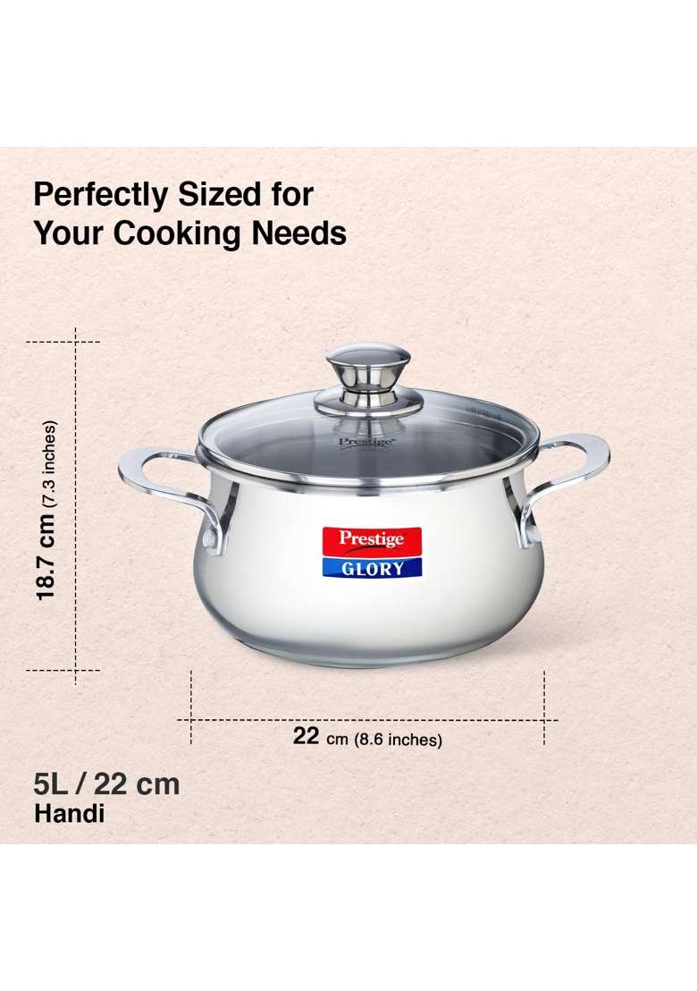 Prestige Glory Stainless Steel Cookware Handi Cooking Pot with Glass Lid | 5 L | 5.3 Qt | 22 cm | 8.7 Inch - Indya