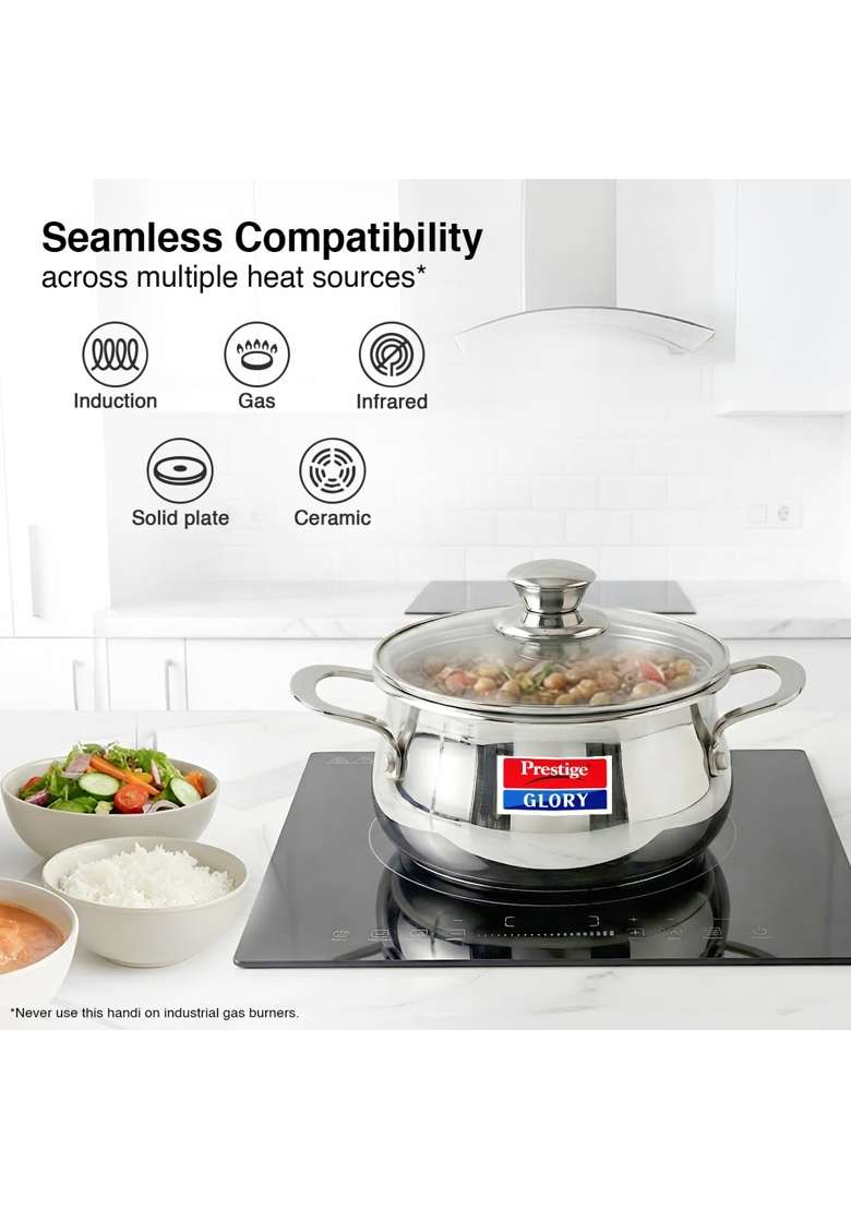Prestige Glory Stainless Steel Cookware Handi Cooking Pot with Glass Lid | 5 L | 5.3 Qt | 22 cm | 8.7 Inch - Indya