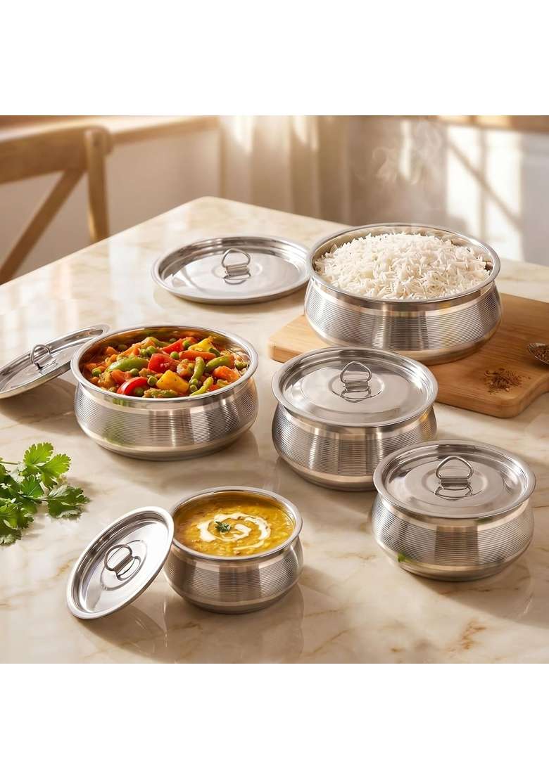 Nestasia Stainless Steel Handi Cooking Pot with Lid | 1 L | 1.1 Qt | 5-Piece Set | Dishwasher Safe | Food Safe - Indya