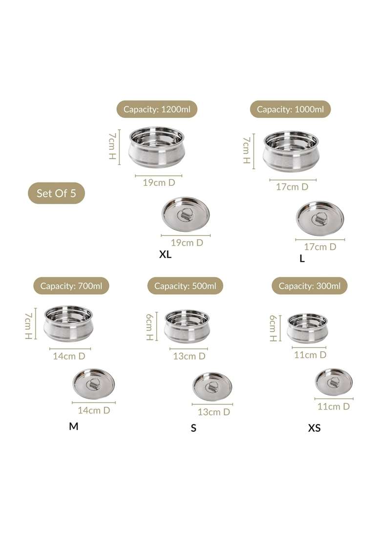 Nestasia Stainless Steel Handi Cooking Pot with Lid | 1 L | 1.1 Qt | 5-Piece Set | Dishwasher Safe | Food Safe - Indya