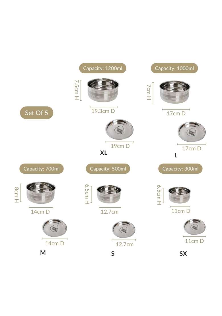 Nestasia Stainless Steel Container with Lid | 1 L | 1.1 Qt | 5-Piece Set | Dishwasher Safe | Food Safe - Indya