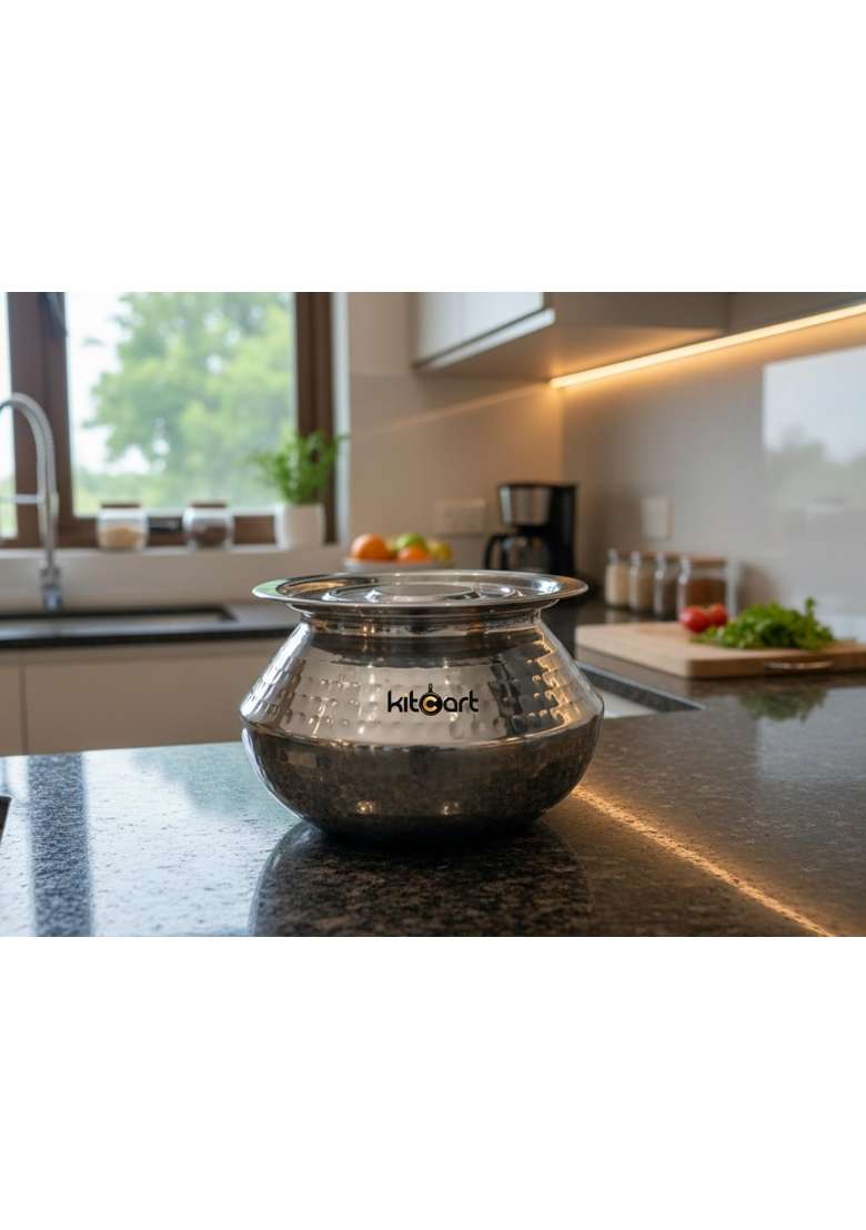 KITCART Stainless Steel Handi Pongal Pot with Lid | 2 L | 2.1 Qt | Hammered Finish - Indya