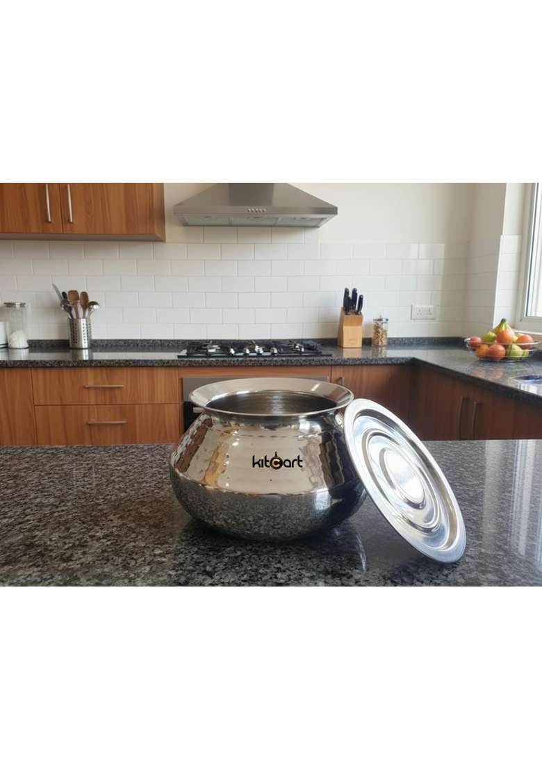 KITCART Stainless Steel Handi Pongal Pot with Lid | 2 L | 2.1 Qt | Hammered Finish - Indya