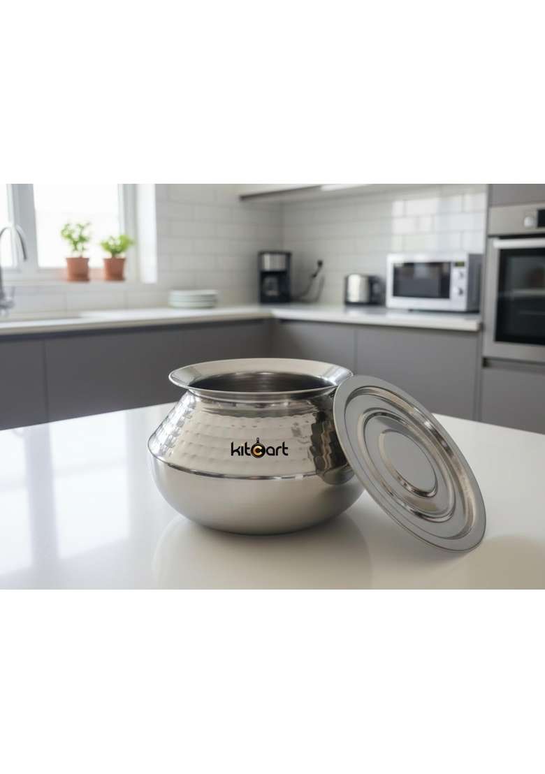 KITCART Stainless Steel Handi Pongal Pot with Lid | 2 L | 2.1 Qt | Hammered Finish - Indya