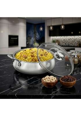 AGARO Regency Triply Stainless Steel Handi with Glass Lid | 3.5 L | 3.7 Qt | Induction Compatible | Non-Toxic