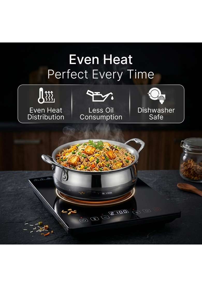 AGARO Regency Triply Stainless Steel Handi with Glass Lid | 3.5 L | 3.7 Qt | Induction Compatible | Non-Toxic - Indya