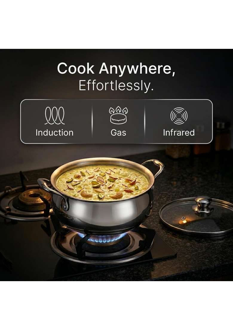 AGARO Regency Triply Stainless Steel Handi with Glass Lid | 3.5 L | 3.7 Qt | Induction Compatible | Non-Toxic - Indya