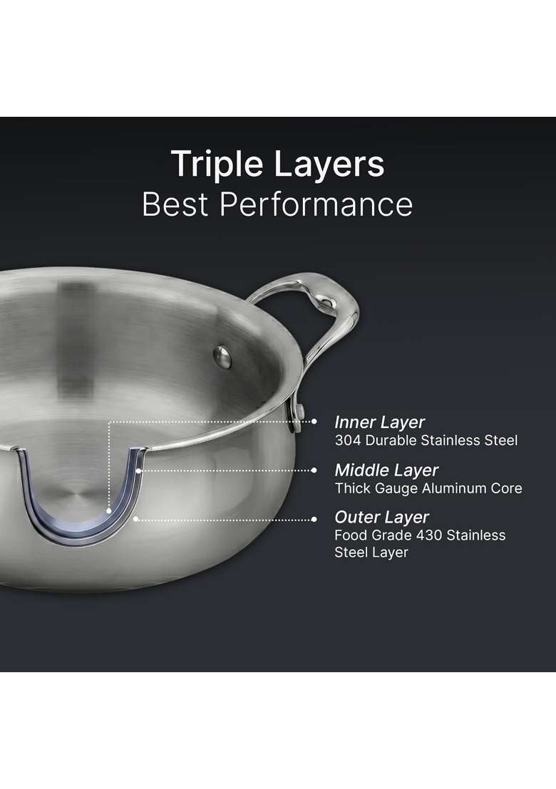 AGARO Regency Triply Stainless Steel Handi with Glass Lid | 3.5 L | 3.7 Qt | Induction Compatible | Non-Toxic - Indya