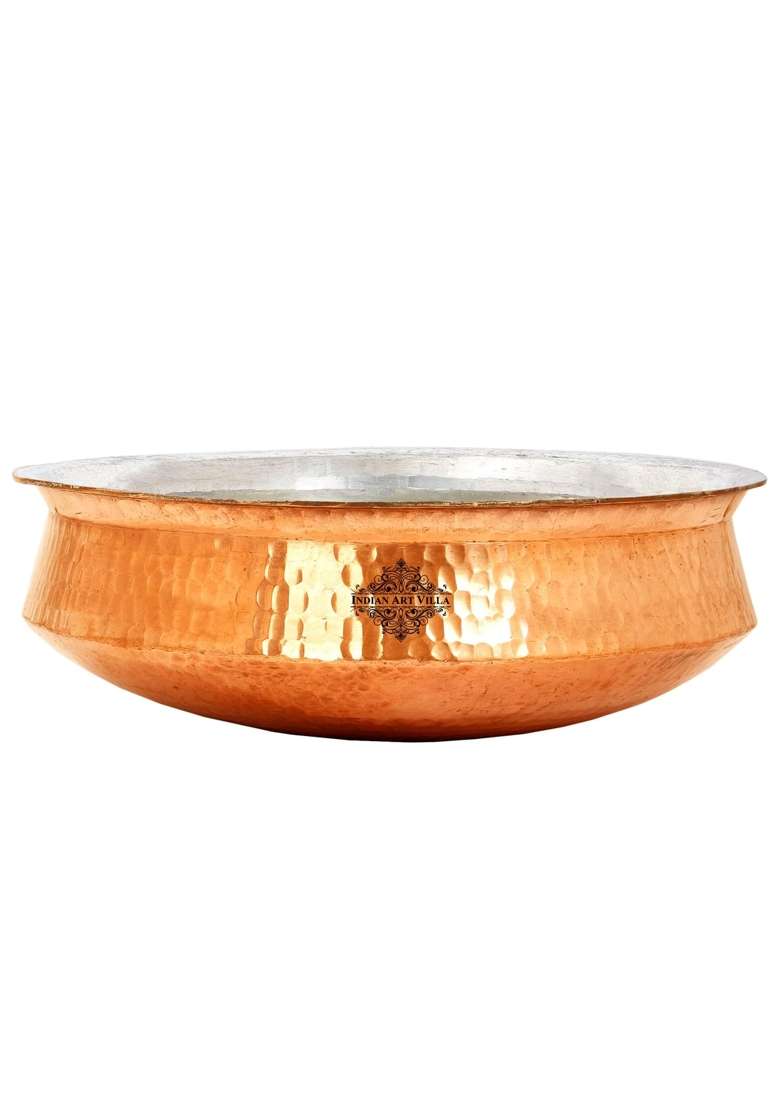 INDIAN ART VILLA Pure Copper Lagan Handi Cooking Pot with Tin Lining | 3 L | 3.2 Qt | 10 Inch | Hammered Finish - Indya