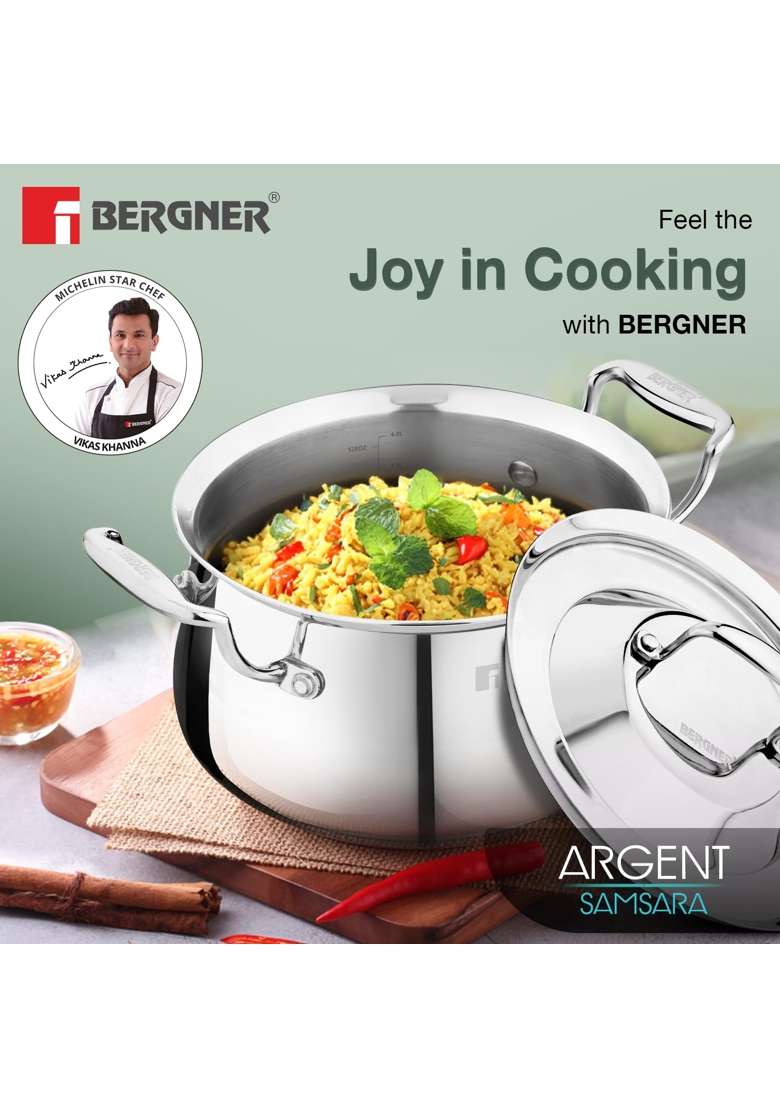 BERGNER Argent Samsara Triply Stainless Steel | 4 L | 4.2 Qt | 22 cm | 8.7 Inch | Induction Compatible - Indya