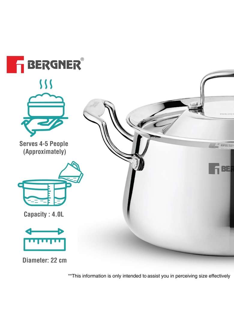 BERGNER Argent Samsara Triply Stainless Steel | 4 L | 4.2 Qt | 22 cm | 8.7 Inch | Induction Compatible - Indya