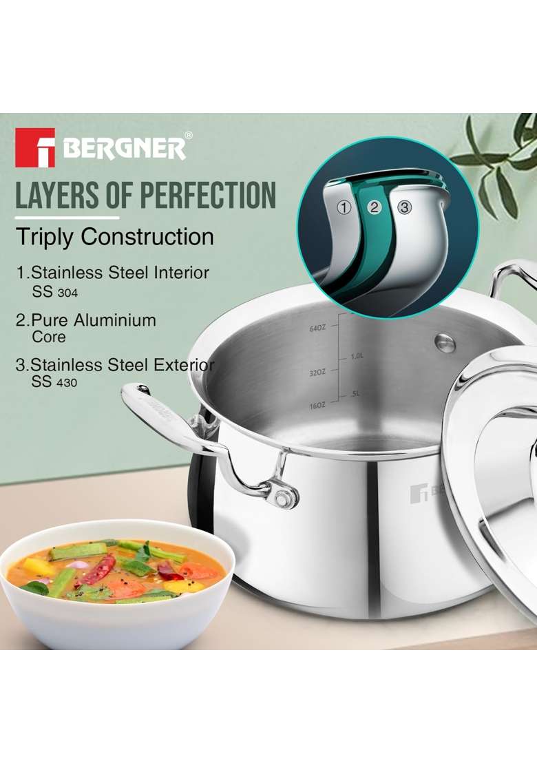 BERGNER Argent Samsara Triply Stainless Steel | 4 L | 4.2 Qt | 22 cm | 8.7 Inch | Induction Compatible - Indya