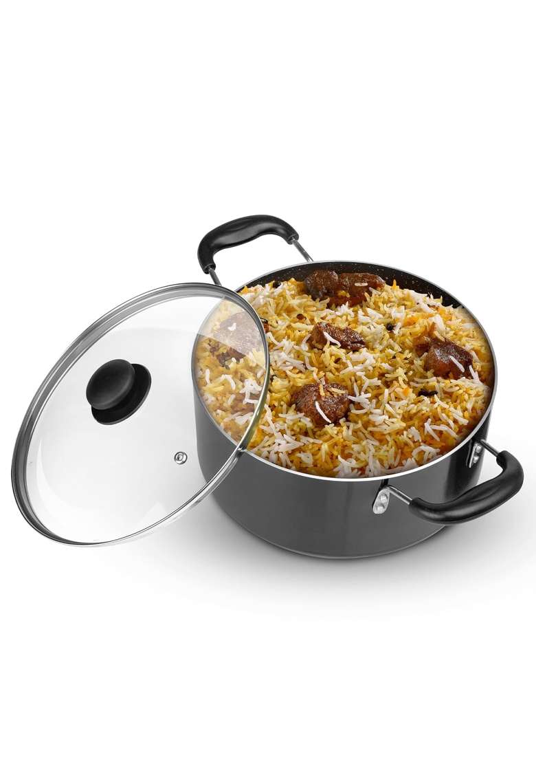 AGARO Elegant Non Stick Biryani Pot with Glass Lid | 5.5 L | 5.8 Qt | 26 cm | 10.2 Inch | Induction Compatible - Indya