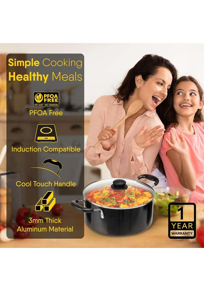 AGARO Elegant Non Stick Biryani Pot with Glass Lid | 5.5 L | 5.8 Qt | 26 cm | 10.2 Inch | Induction Compatible - Indya