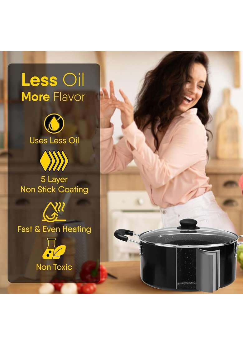 AGARO Elegant Non Stick Biryani Pot with Glass Lid | 5.5 L | 5.8 Qt | 26 cm | 10.2 Inch | Induction Compatible - Indya