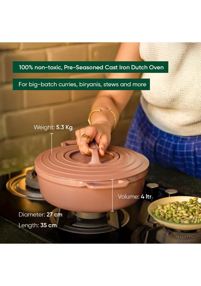Ember Cookware Pre-Seasoned Cast Iron Casserole | 26 cm | 10.2 Inch | Induction Compatible | Heavy Bottom | PFOA Free - Indya