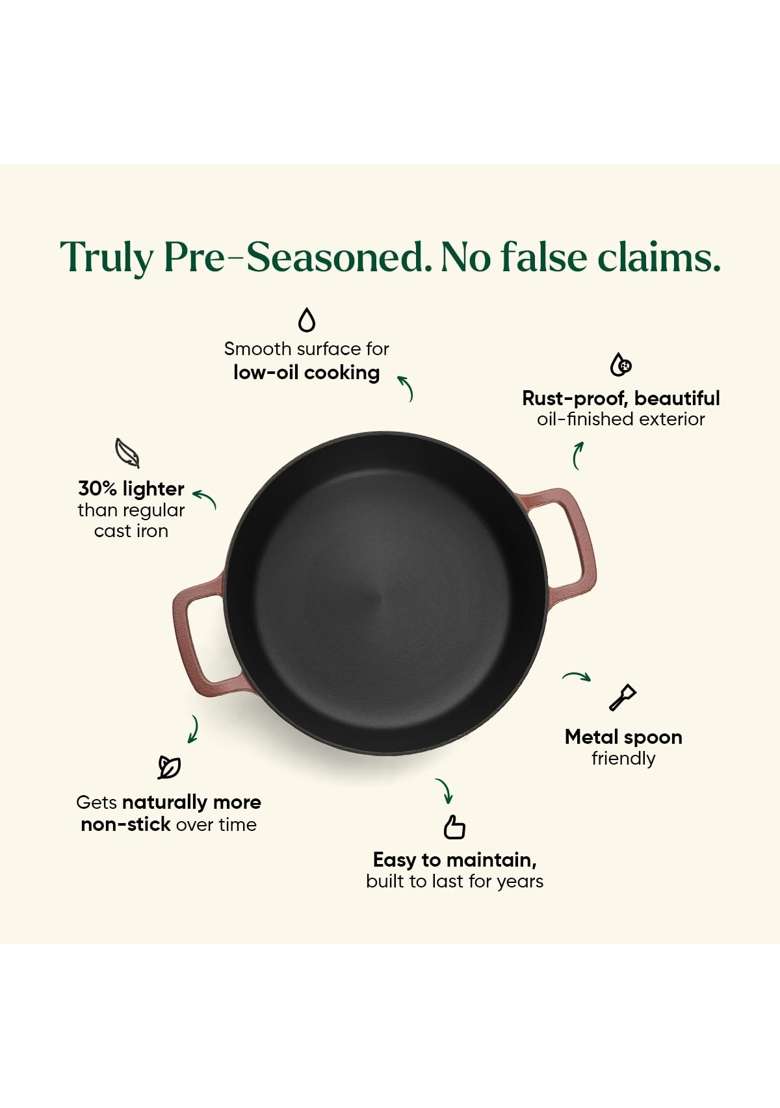 Ember Cookware Pre-Seasoned Cast Iron Casserole | 26 cm | 10.2 Inch | Induction Compatible | Heavy Bottom | PFOA Free - Indya