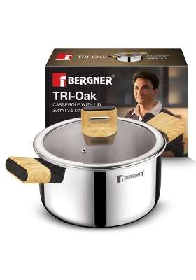 BERGNER Tri-Oak Triply Stainless Steel Casserole with Glass Lid | 3.5 L | 3.7 Qt | 20 cm | 7.9 Inch | Induction Compatible