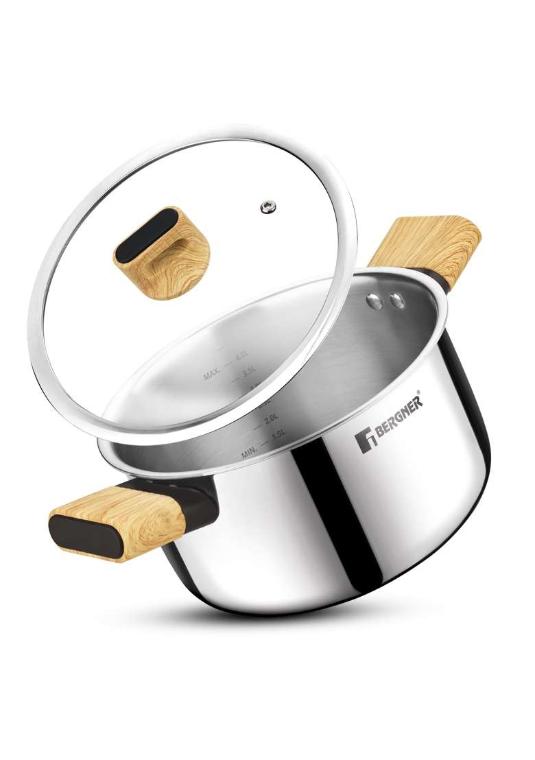 BERGNER Tri-Oak Triply Stainless Steel Casserole with Glass Lid | 3.5 L | 3.7 Qt | 20 cm | 7.9 Inch | Induction Compatible - Indya