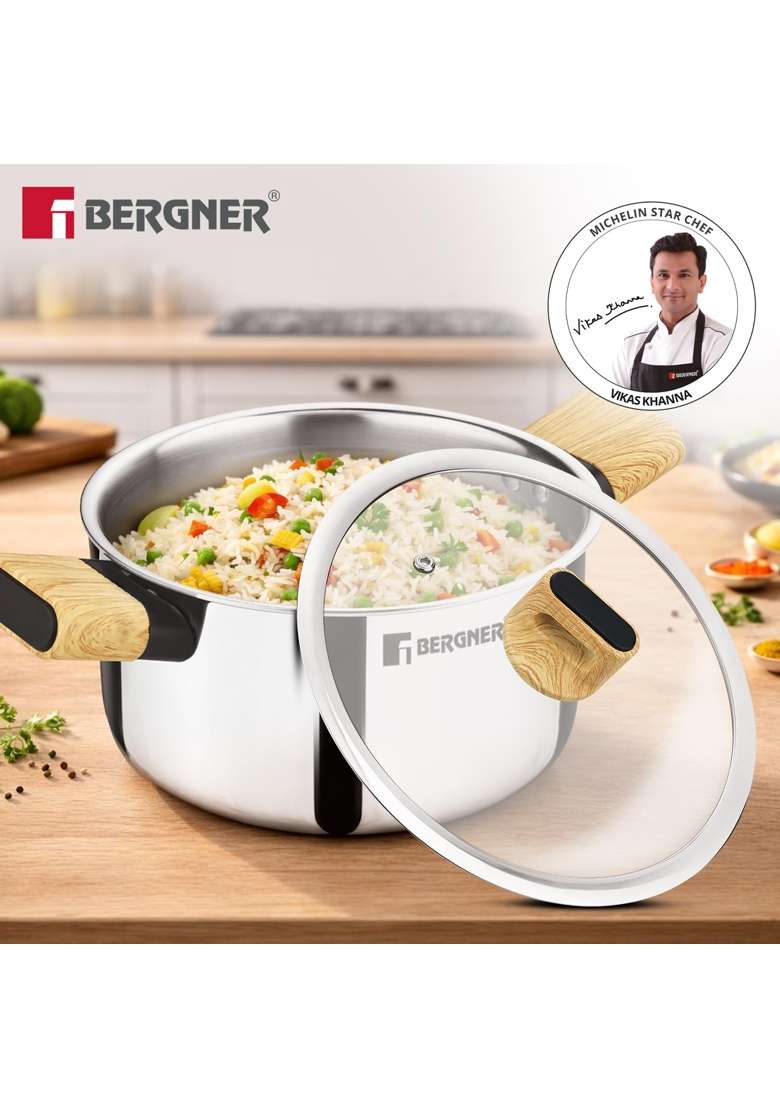 BERGNER Tri-Oak Triply Stainless Steel Casserole with Glass Lid | 3.5 L | 3.7 Qt | 20 cm | 7.9 Inch | Induction Compatible - Indya