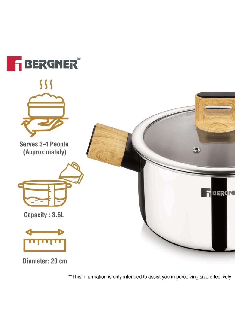 BERGNER Tri-Oak Triply Stainless Steel Casserole with Glass Lid | 3.5 L | 3.7 Qt | 20 cm | 7.9 Inch | Induction Compatible - Indya