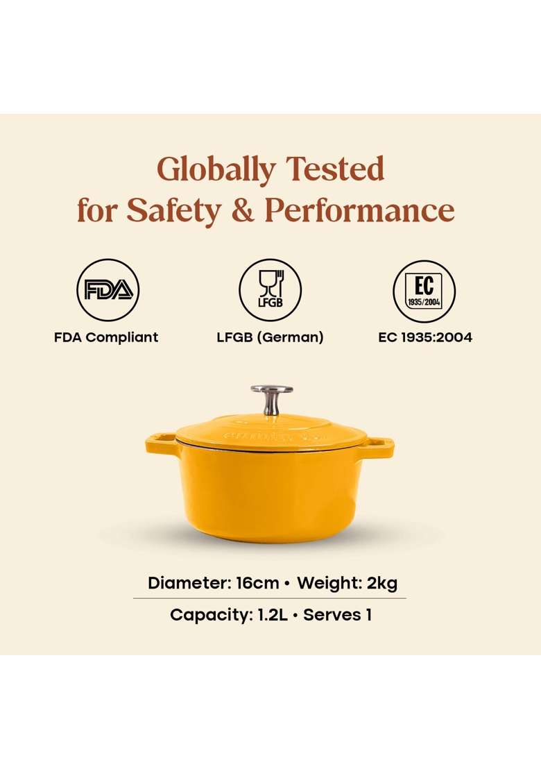 CUMIN CO. Enamel Cast Iron Dutch Oven | 1.2 L | 1.3 Qt | 16 cm | 6.3 Inch | Induction Compatible | Heavy Bottom | Non-Toxic | Non-Stick - Indya