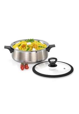 Sumeet ISI Certified Stainless Steel Cook and Serve Designer Shallow Biryani | 3500 ml | 118.3 fl oz | 25 cm | 9.8 Inch | Induction Compatible | With Lid
