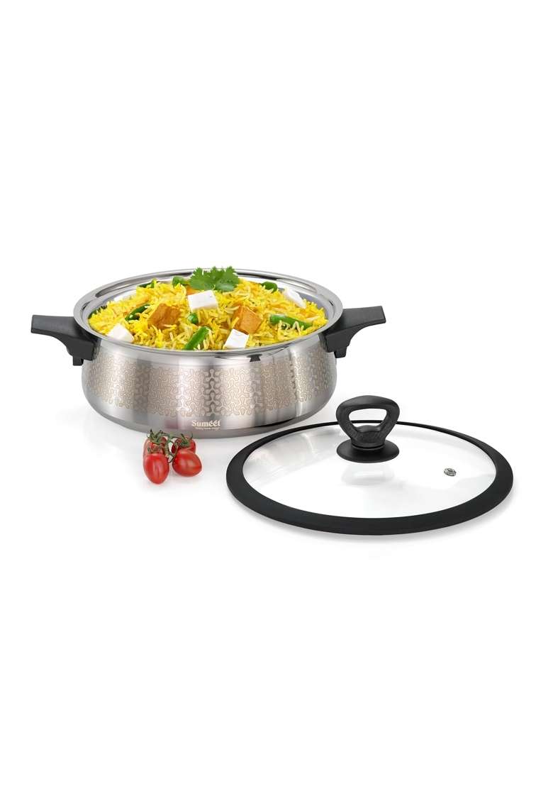 Sumeet ISI Certified Stainless Steel Cook and Serve Designer Shallow Biryani | 3500 ml | 118.3 fl oz | 25 cm | 9.8 Inch | Induction Compatible | With Lid - Indya