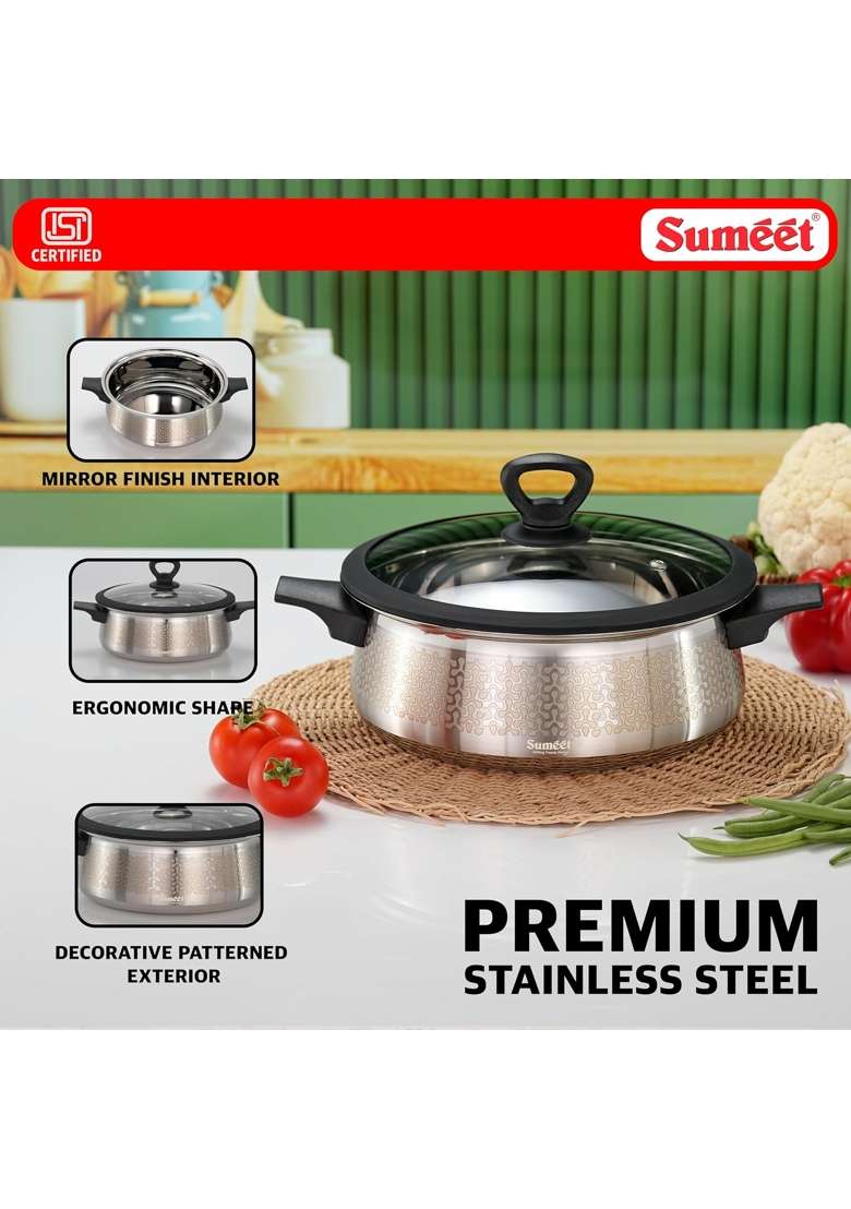 Sumeet ISI Certified Stainless Steel Cook and Serve Designer Shallow Biryani | 3500 ml | 118.3 fl oz | 25 cm | 9.8 Inch | Induction Compatible | With Lid - Indya
